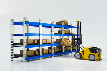 Automatic lifting vehicle working to lifting parcel box to warehouse shelf on clearing background, 3d illustration rendering