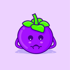 Cute mangosteen character cartoon isolated vector illustration with purple background and shadow. can use for mascot, logo, icon, poster, banner, flyer, pamphlet, leaflet, brochure, catalog element
