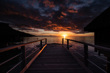 Colorful sunset from a hotel in moorea french polynesia