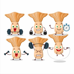 A healthy lactarius cartoon style trying some tools on Fitness center