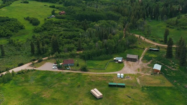 Drone over a quaint farm in the Colorado countryside. 