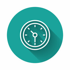 White line Clock icon isolated with long shadow background. Time symbol. Green circle button. Vector