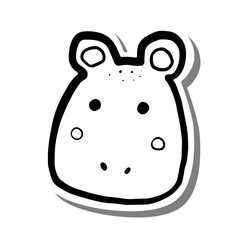 Black line cute cartoon hippo face. Doodle on white silhouette and gray shadow. Vector illustration for decorate, coloring and any design. 