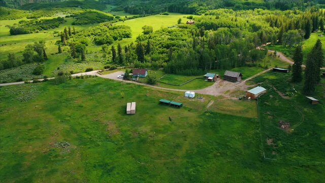 Drone over a quaint farm in the Colorado countryside. 