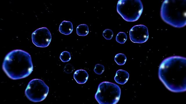 Many soap bubbles on black background. Realistic bubbles slowly float. Transparent bubbles flying. Loop animation.