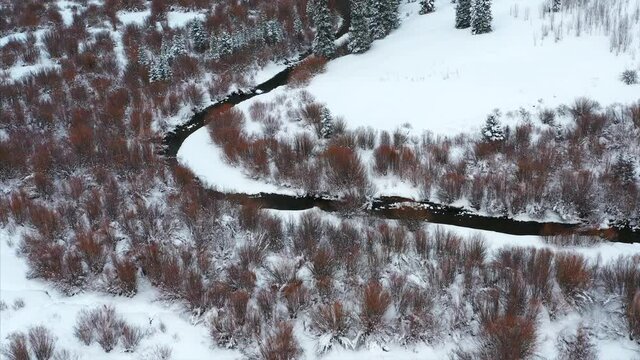 Aerial over snow frosted, winter landscapes.
