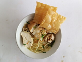 bakso bakwan is the one favorite food in Indonesia with white bowl. landscape stock photo 