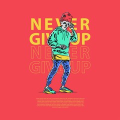skull street wear style illustration never give up typography perfect for tees design