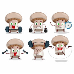 A healthy portobelo cartoon style trying some tools on Fitness center