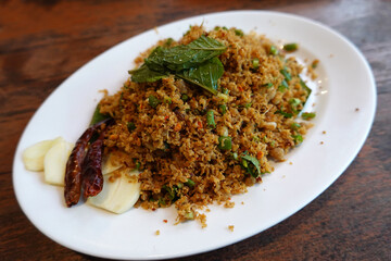 Spicy minced  fish salad in dish. Thai food .(LaabPla Chon Tod) 