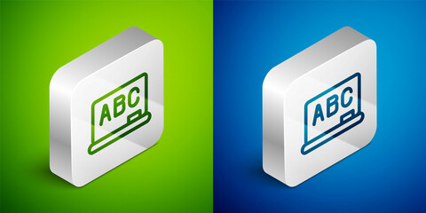 Isometric line Chalkboard icon isolated on green and blue background. School Blackboard sign. Silver square button. Vector