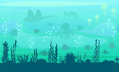 Bottom of reservoir with fish. Silhouette. Blue water. Sea ocean. Underwater landscape with animals, plants, algae and corals. Illustration in cartoon style. Flat design. Vector art