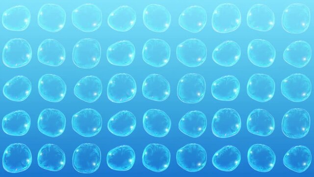 Many soap bubbles on blue background. Realistic bubbles slowly float. Transparent bubbles flying. Loop animation.