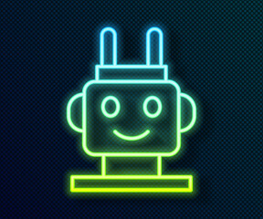 Obraz premium Glowing neon line Robot toy icon isolated on black background. Vector