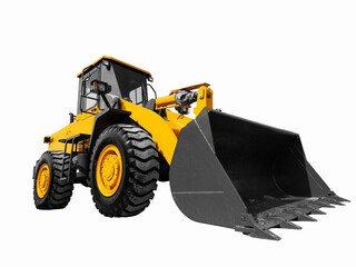 Fototapeta premium Yellow front loader on a white background. Backhoe loader yellow on a white background