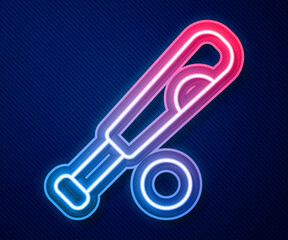Glowing neon line Baseball bat with ball icon isolated on blue background. Vector