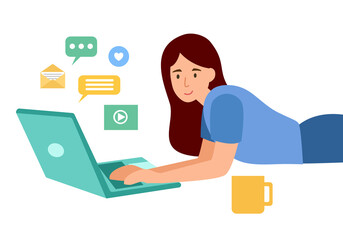 Woman using laptop computer and communicate with friends internet online social media in flat design on white background.