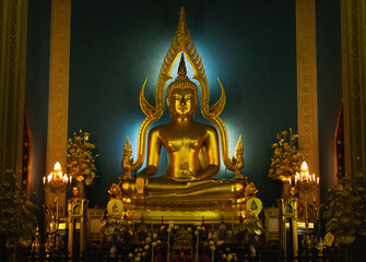 Golden ancient art buddha of Asia in Thailand look peaceful