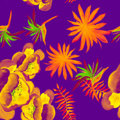 Obraz premium Coral Tropical Texture. Pink Seamless Exotic. Gray Pattern Exotic. Garden Art. Wallpaper Texture. Drawing Leaf. Floral Nature. Watercolor Vintage.