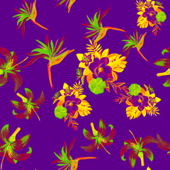Plum Pattern Art. Lavender Seamless Botanical. Violet Tropical Leaves. Yellow Flower Texture. Purple Decoration Design. Spring Palm. Garden Design.