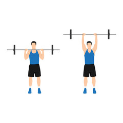 Man doing Overhead barbell shoulder press exercise. Flat vector illustration isolated on white background