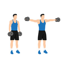 Man doing Lateral side shoulder dumbbell raises. Power partials exercise. Flat vector illustration isolated on white background