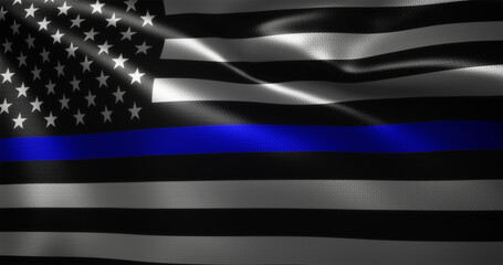 Thin Blue Line Flag, United States of America flag with waving folds, close up view, 3D rendering