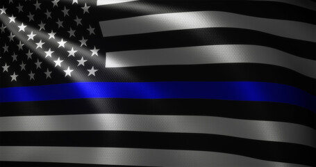 Thin Blue Line Flag, United States of America flag with waving folds, close up view, 3D rendering