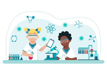 Children in chemistry class conduct experiments. The concept of profile education from adolescence. Scientific School of Chemistry. Vector. Cartoon style.