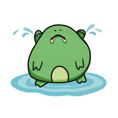 the cute toad is upset and crying so much that a puddle has formed under it, a cute character, a crying toad.