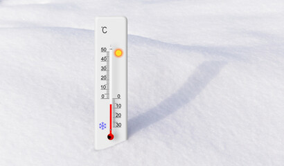 White celsius scale thermometer in the snow. Ambient temperature minus 6 degrees