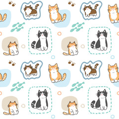 Seamless Childish Pattern with Cute Cartoon Cat Illustration Design on White Background
