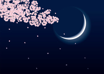 満開から散り始めた夜桜と三日月のベクターイラスト © hiro