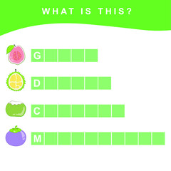 Obraz premium What is fruit names worksheet. Tropical fruit worksheet. Educational activity for preschool kids. Preschool Education. Early education materials. Vector illustration.