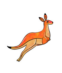 Illustration of a colored drawing of kangaroo jumping orange on white isolated background. High quality illustration - obrazy, fototapety, plakaty