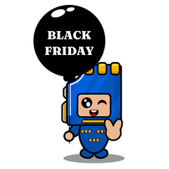 blue color memory card mascot costume cute vector cartoon character holding black friday balloon with peace hand