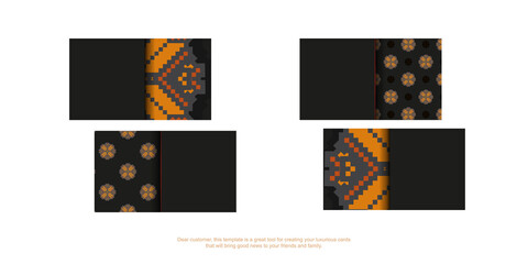 Print-ready black business card design with orange slavic patterns. Business card template with place for your text and luxurious ornaments.