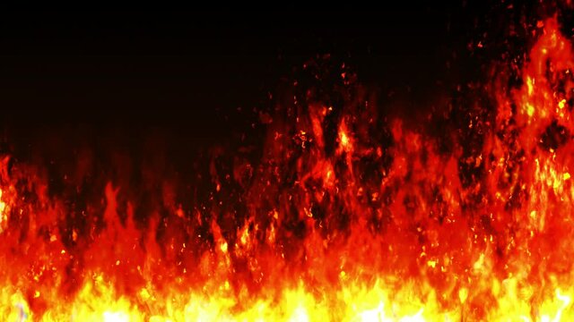 Comic cartoon pattern of burning fire flames on black background. Dangerous red fire. Loop animation.