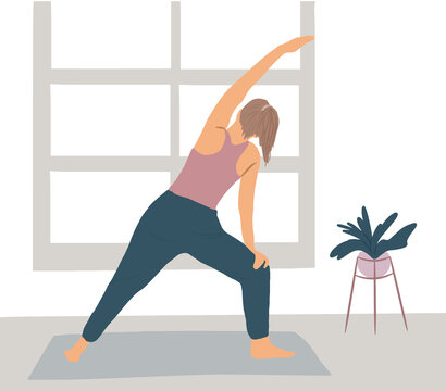 A girl does yoga at home, a window and a houseplant, a woman does yoga exercises at home, meditation, relaxation process, in the gym, cartoon illustration, vector drawing, Print