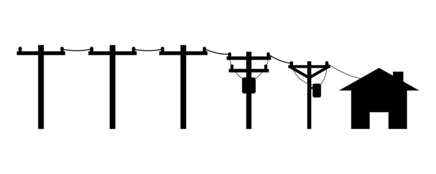 Electric poles to transmit electricity to house or home on white background black icon flat vector.