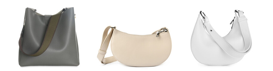 Set with different stylish women's bags on white background. Banner design