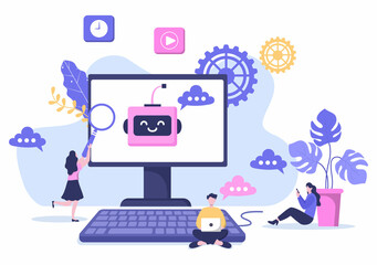 Robot Virtual Assistance or Chatbot Background Vector illustration. People smartphone conversation with Online technical support and Messaging