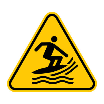 Surf craft area sign. Vector illustration of yellow triangle warning sign with surfer icon inside. Caution surfboard collide with people in water. Surf skis, surf kayaks symbol.