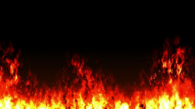 Comic cartoon pattern of burning fire flames on black background. Dangerous red fire. Loop animation.