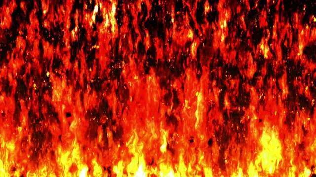 Comic cartoon pattern of burning fire flames on black background. Dangerous red fire. Loop animation.