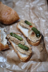 Sandwiches with soy meat, bread and cucumbers. Vegetarian food