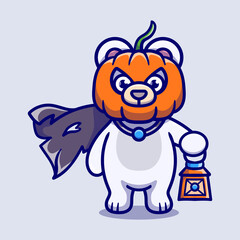 cute halloween pumpkin head polar bear illustration carrying a lantern