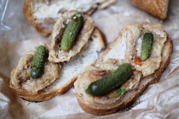 Sandwiches with soy meat, bread and cucumbers. Vegetarian food