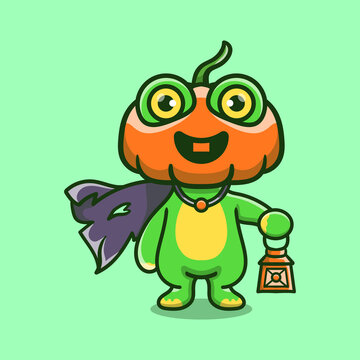 Cute Halloween Pumpkin Head Frog Illustration Carrying A Lantern