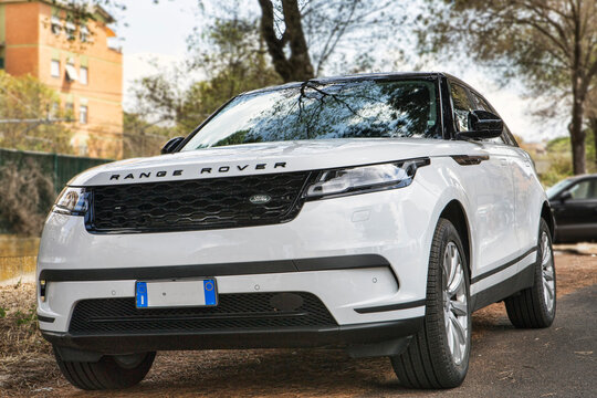 :Low angle view beautiful line of design suv white car model Range Rover Velar D240 S from english Land Rover automaker